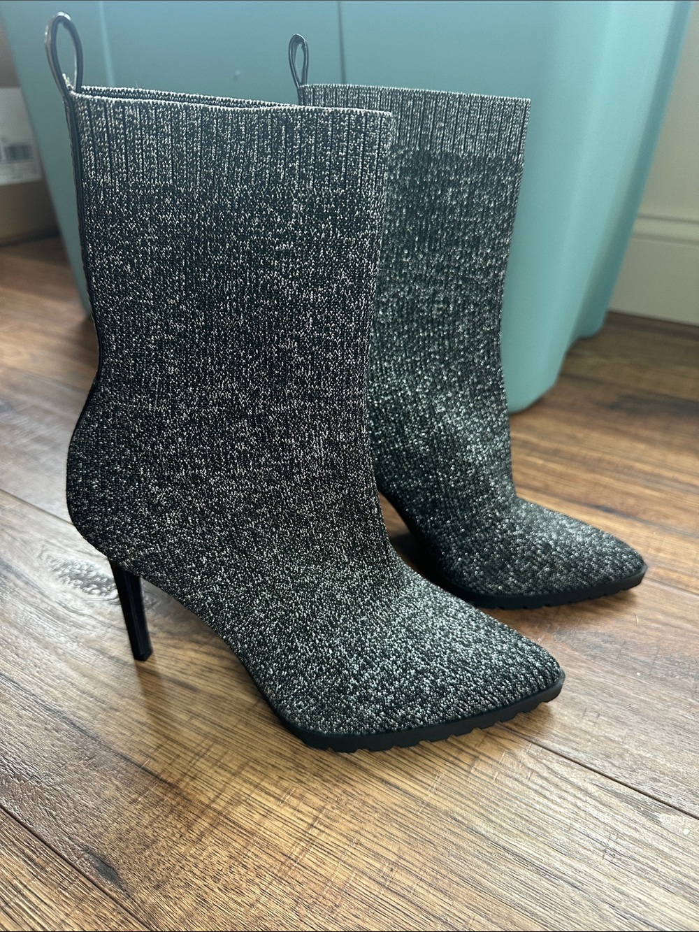 Mix No. 6 Metallic Knit Pointed Stiletto Sock Boots in Black and Silver
